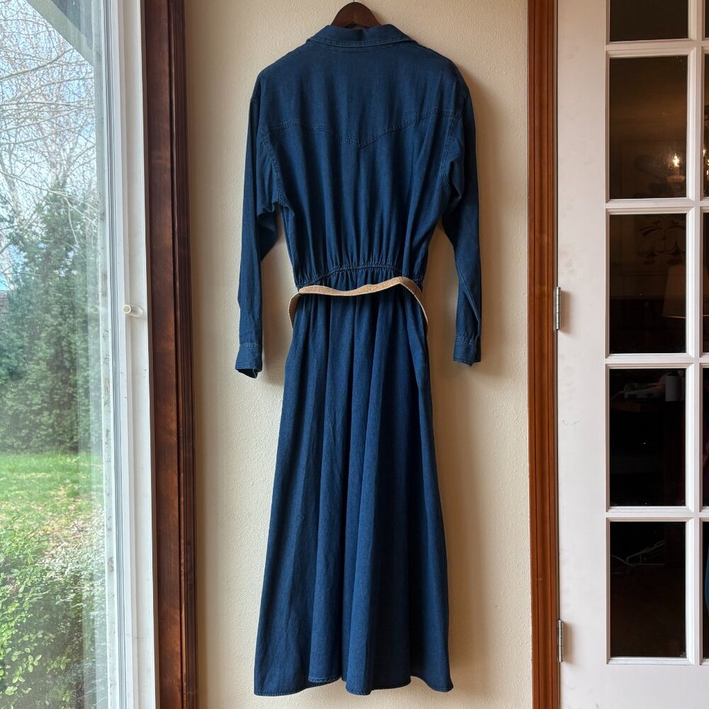 VTG 80s Denim Maxi Dress Long Sleeves Pockets Collared Front Button Sz L Prairie - Picture 4 of 10